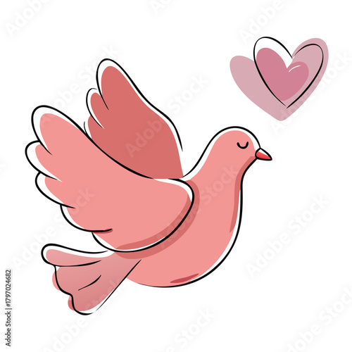Cute cartoon doodle of a pink dove in flight with a small heart, symbolizing love, peace, or messaging. Ideal for Valentine's Day, wedding blogs, or articles on harmony and affection.