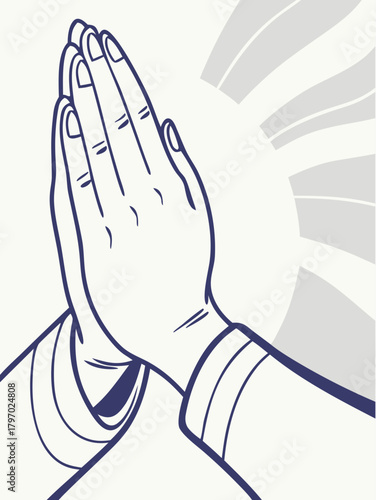 Outline illustration of hands held in a prayer or Namaste gesture, with radiating lines behind, symbolizing reverence and peace. Ideal for spiritual, meditation, and wellness blogs or religious sites.