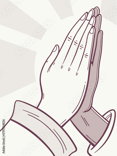 Outline illustration of hands held in a prayer or Namaste gesture, with radiating lines behind, symbolizing reverence and peace. Ideal for spiritual, meditation, and wellness blogs or religious sites.