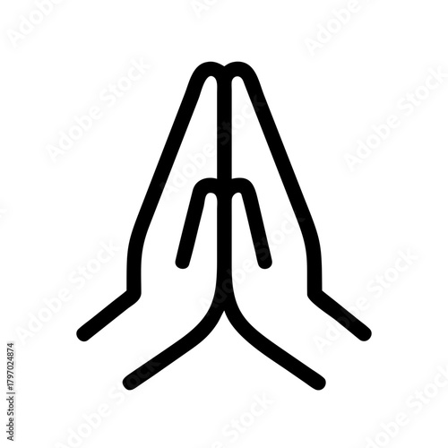 Simple black and white line art icon of two hands pressed together in a gesture of prayer or greeting (Namaste). Use for spirituality blogs, yoga sites, gratitude topics, and minimal communication 