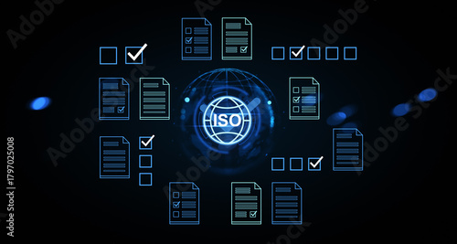 Foto ISO certification concept with glowing digital documents and checkmarks around a globe on futuristic background representing compliance standards