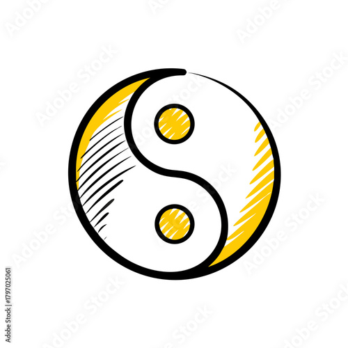 Stylized doodle illustration of the Yin-Yang symbol in yellow and white with black outlines. Perfect for blogs on balance, philosophy, spirituality, or Chinese culture