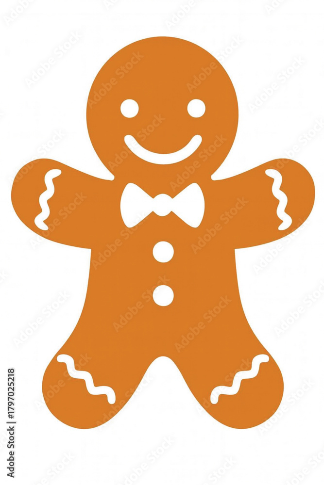 Fototapeta premium Festive gingerbread man with bow tie and icing details, cheerful holiday cookie character for Christmas-themed designs, perfect for seasonal greeting cards, stickers, and digital decorations.