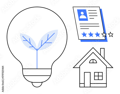 Lightbulb with leaf symbolizing eco-friendly ideas, document with ratings, house outline. Ideal for sustainability, innovation, ecology, real estate, reviews energy creativity. Simple flat metaphor