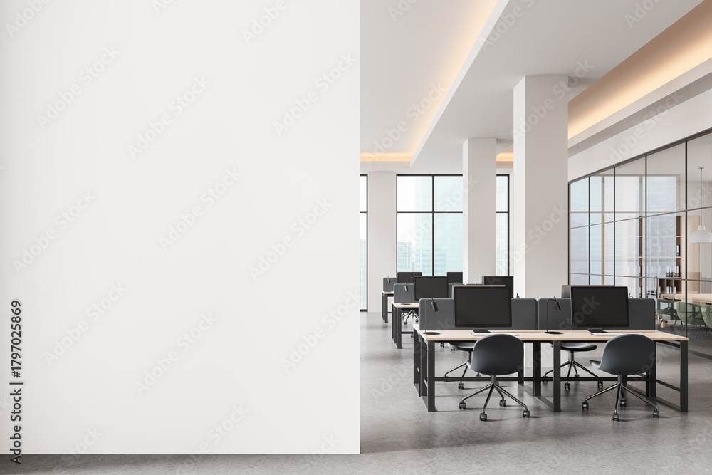 custom made wallpaper toronto digitalEmpty white wall mockup in modern open space office with bright interior and computer desks, perfect for poster or banner design presentation template. 3D Rendering
