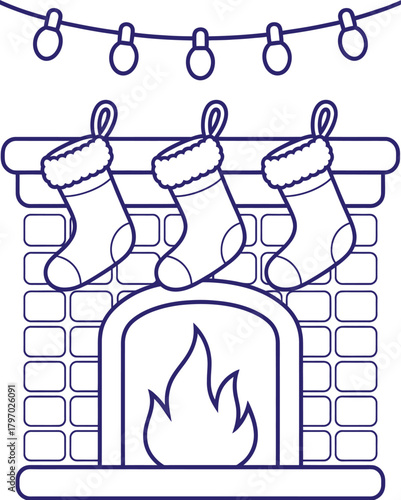 Illustrations of a Christmas cozy fireplace with stockings, decorative borders in vibrant colors