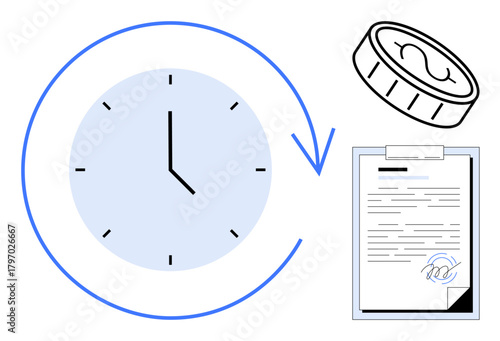Clock with arrow for time, coin for financial investment, signed document for contract or agreement. Ideal for productivity, deadlines, finance, investments, agreements, planning project management