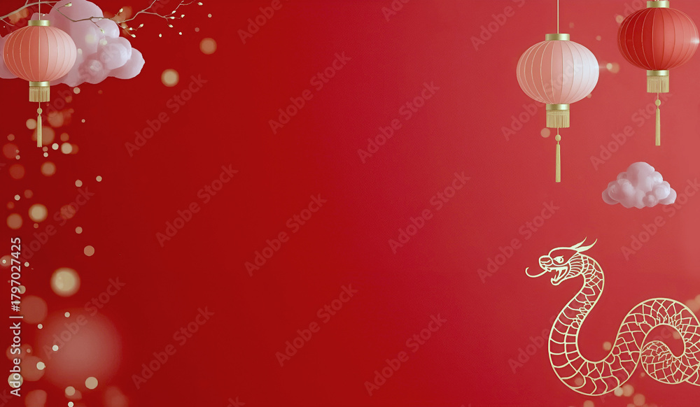 Obraz premium Chinese New Year background with gold snake, lanterns and red festive backdrop