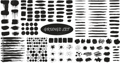 Collection of diverse black ink brush strokes and paint splatters for creative design elements