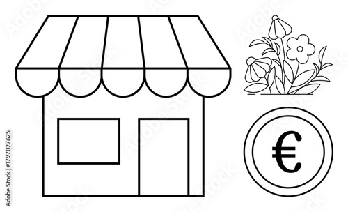 Shopfront with striped awning, coin marked with euro sign, blooming flowers. Ideal for retail, commerce, floristry, local business, economy gardening and sustainability visualizations. Simple flat