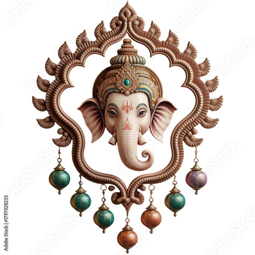 lord ganesha face with ornate crown jewelry and decorative arch with hanging spheres