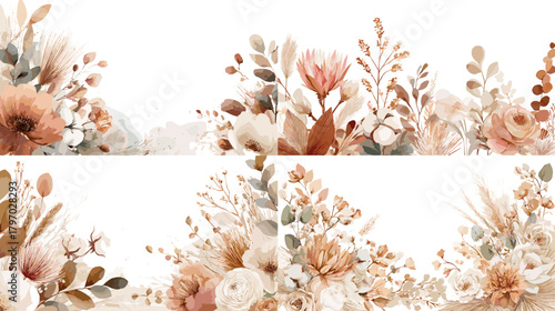 Elegant watercolor floral borders in warm neutral tones with roses, pampas, eucalyptus, and leaves. Perfect for wedding stationery, invitations, branding, and decor.
