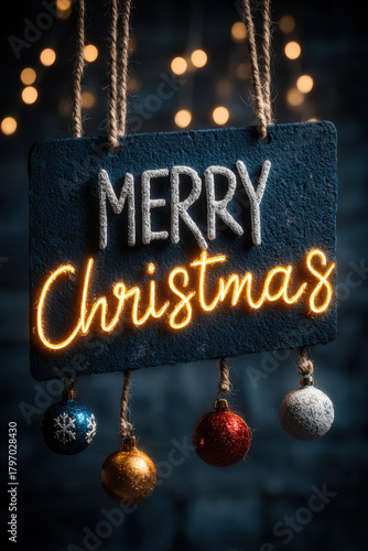 Merry Christmas lettering with ornaments and twinkling lights on midnight blue
