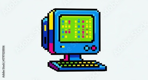 A vibrant and detailed pixel art illustration of a classic computer setup, reminiscent of vintage 8-bit or 16-bit