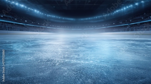 Architectural design perspective of ice rink interior, glowing surface and layered light showing structure
