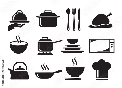 Black Silhouette Icons of Cooking and Food Preparation kitchen cookware