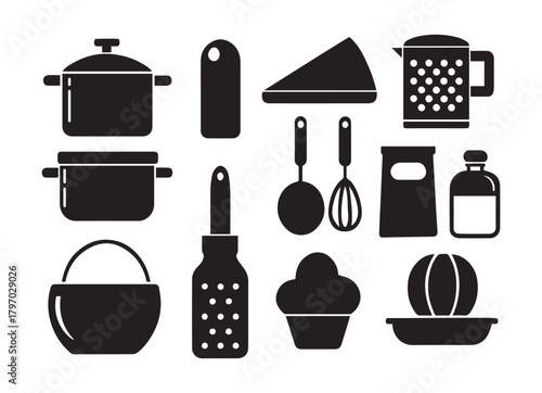 Black Silhouette Icons of Kitchenware and Food Items cookware