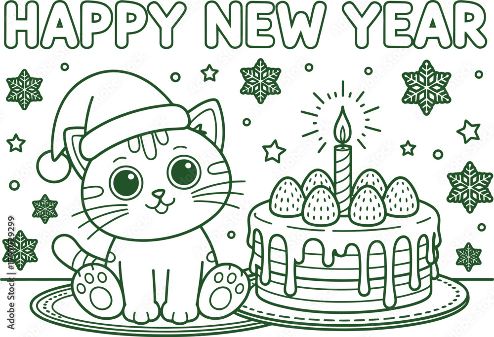 Fototapeta premium Festive New Year 2026 celebration with sparkling fireworks and confetti in vibrant colors with a cat
