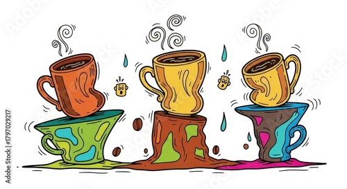 A vibrant and playful cartoon illustration depicting a chaotic coffee scene. 