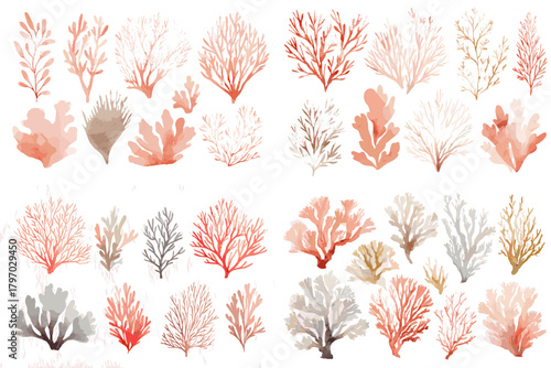 Hand-painted coral branches and sea plants in warm red and gold watercolor tones perfect for ocean invitations, coastal branding, scrapbooking, and elegant patterns.