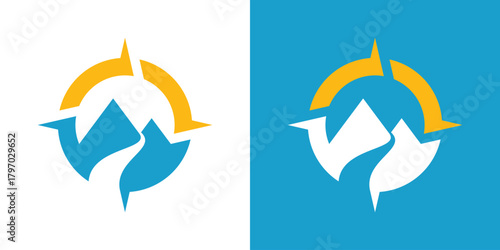 Navigation Mountain River Logo , A dual-meaning design combining a navigation symbol with mountains and a river, representing exploration, direction, and natural adventure