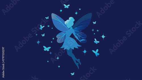 Enchanting blue fairy gracefully flitting through a starlit night surrounded by butterflies, perfect for magical children's stories and whimsical designs