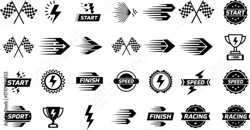 Collection of Racing and Speed Icons Checkered Flags Arrows and Trophies.