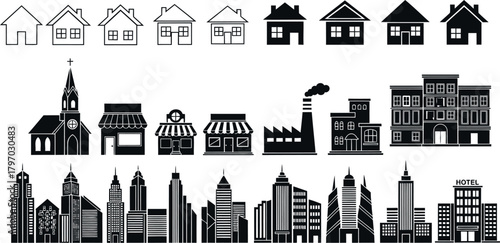 Diverse Collection of Building Icons and Silhouettes.