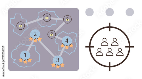 Gamified map with numbered nodes showing levels, stars for completion, lock icons for restricted access, and target icon with user avatars. Ideal for gaming, strategy, teamwork, planning