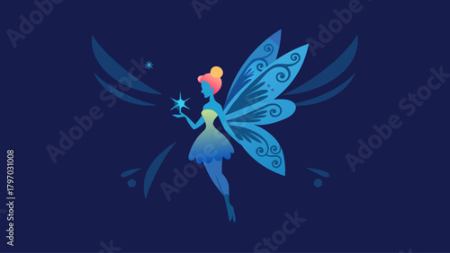 Enchanting fairy with delicate wings holding a stardust, perfect for fantasy book covers, children's stories, or magical themed designs, whimsical and vibrant