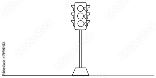 Light traffic continuous one line drawing. Light traffic line art. Hand drawn vector art, Continuous one line drawing of traffic lights with poles to regulate vehicle travel at road intersections.