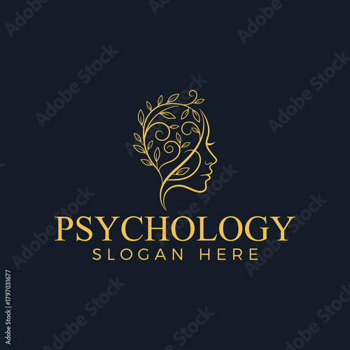 Psychology logo with a womans profile and floral brain, representing mental wellness and natural healing, suitable for therapists