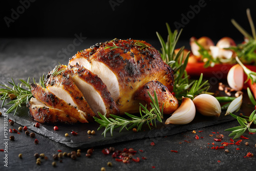 A beautifully roasted chicken sliced open to reveal perfectly cooked juicy white meat. 