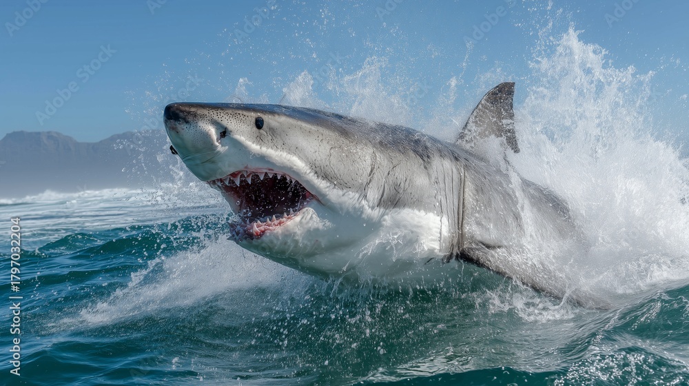 Fototapeta premium Grand requin blanc puissant, bouche ouverte, sortant de l'eau