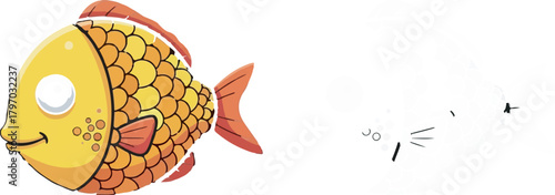 Cute cartoon golden fish illustration isolated on white background. Simple smiling aquatic mascot character.