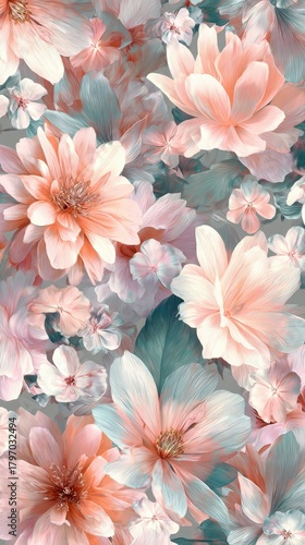 Floral Elegance: A symphony of soft pinks & serene blues dance amidst delicate petals, capturing nature's graceful allure with painterly charm.