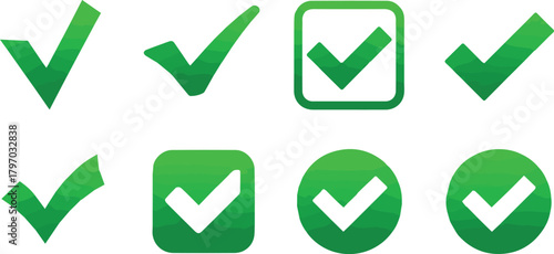 Collection of various green checkmark icons representing confirmation, success, and completion in different graphical styles