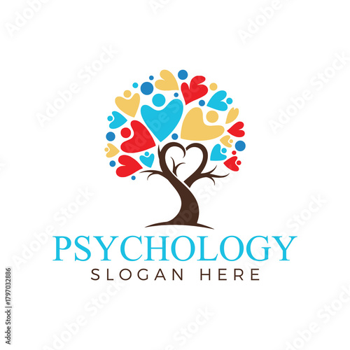 Psychology logo design featuring a tree with heartshaped leaves, symbolizing love, care, and mental health