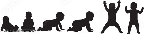 Baby development stages silhouette set isolated on white background showing movement progress