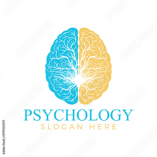 Psychology logo design featuring a brain split into two halves, symbolizing different aspects of the mind