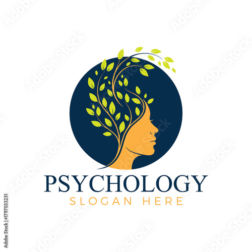 Woman head with tree leaves logo design for psychology clinic, representing mental health and cognitive function