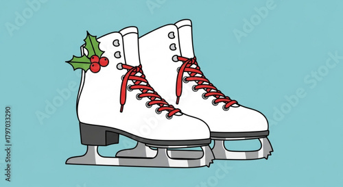 Festive ice skates with holly, charming holiday spirit, perfect for winter fun, skating rinks, seasonal greeting cards, & Christmas promotions