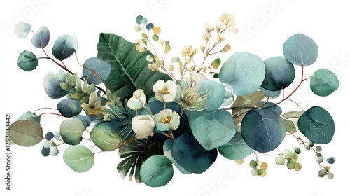 Watercolor floral arrangement featuring eucalyptus leaves and delicate white flowers