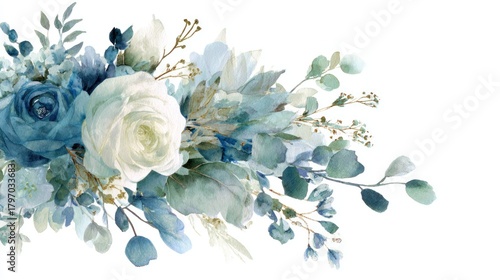 Watercolor floral arrangement with blue white and green elements against white background