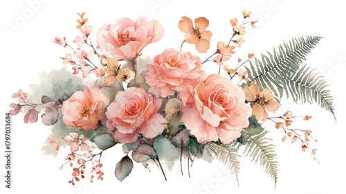 Watercolor floral arrangement of pink roses and greenery on white background
