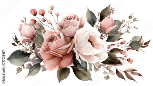 Watercolor floral arrangement featuring roses and foliage isolated on white background