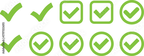 Collection of green check mark icons in various shapes and styles for approval and confirmation designs