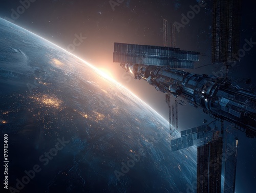 Fototapeta Naklejka Na Ścianę i Meble -  A breathtaking view from space showcases a large satellite orbiting Earth as city lights twinkle below in the dark vastness.