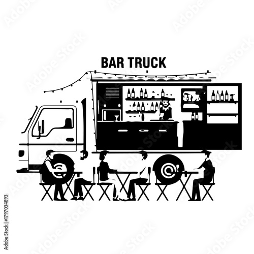 Bar Truck Food Stand Serving Customers Outdoors.