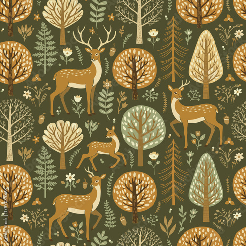 Seamless Whimsical Deer, Doe, and Fawn Forest Pattern - Hand-Drawn Woodland Nature Background Vector SVG
